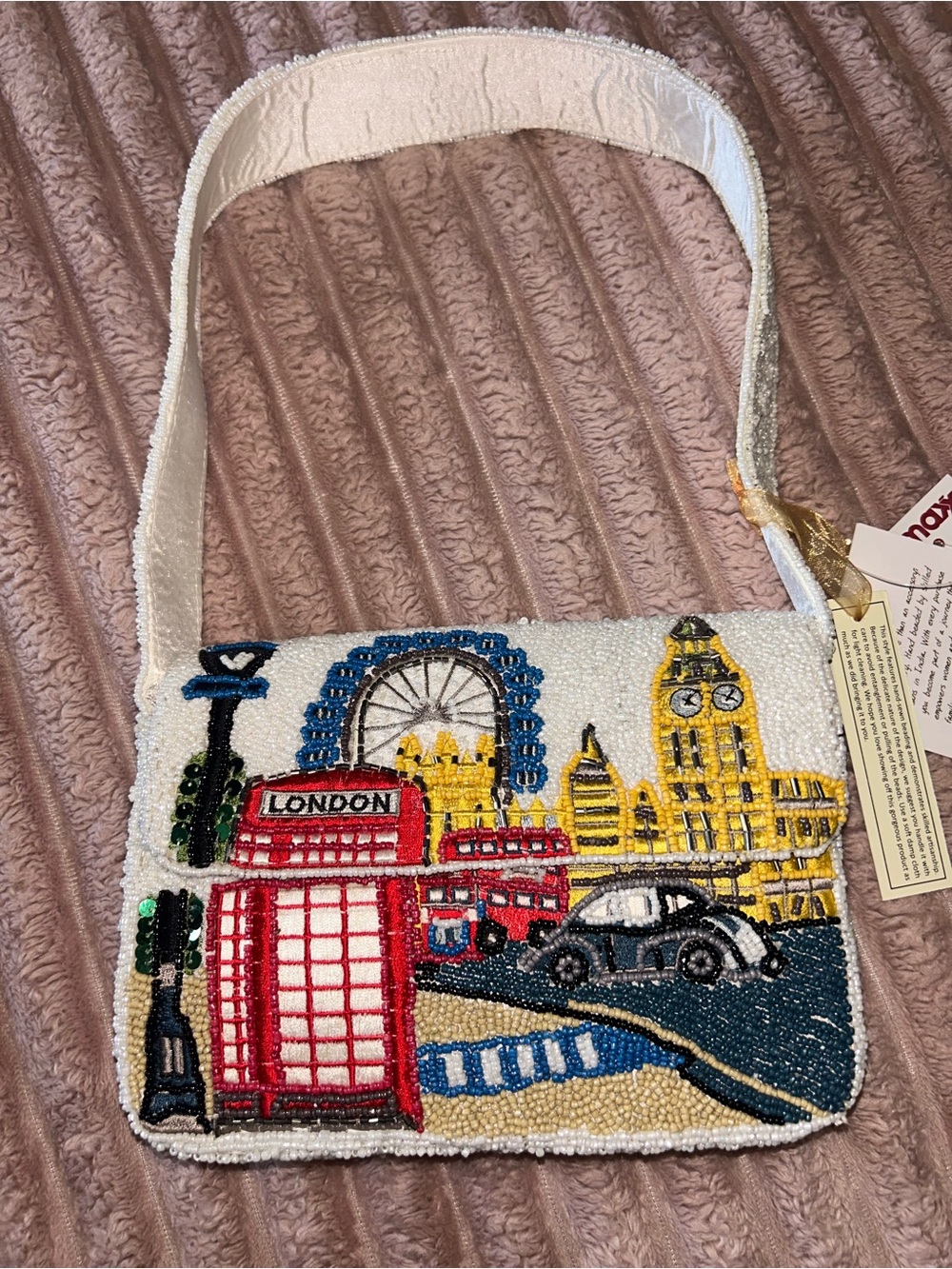 Beaded London Scene Crossbody Bag - White Strap